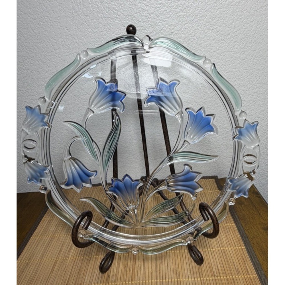 Vin 90's Mikasa Crystal Blue Bell Tulip Serving Plate Platter Glass Tray Discont